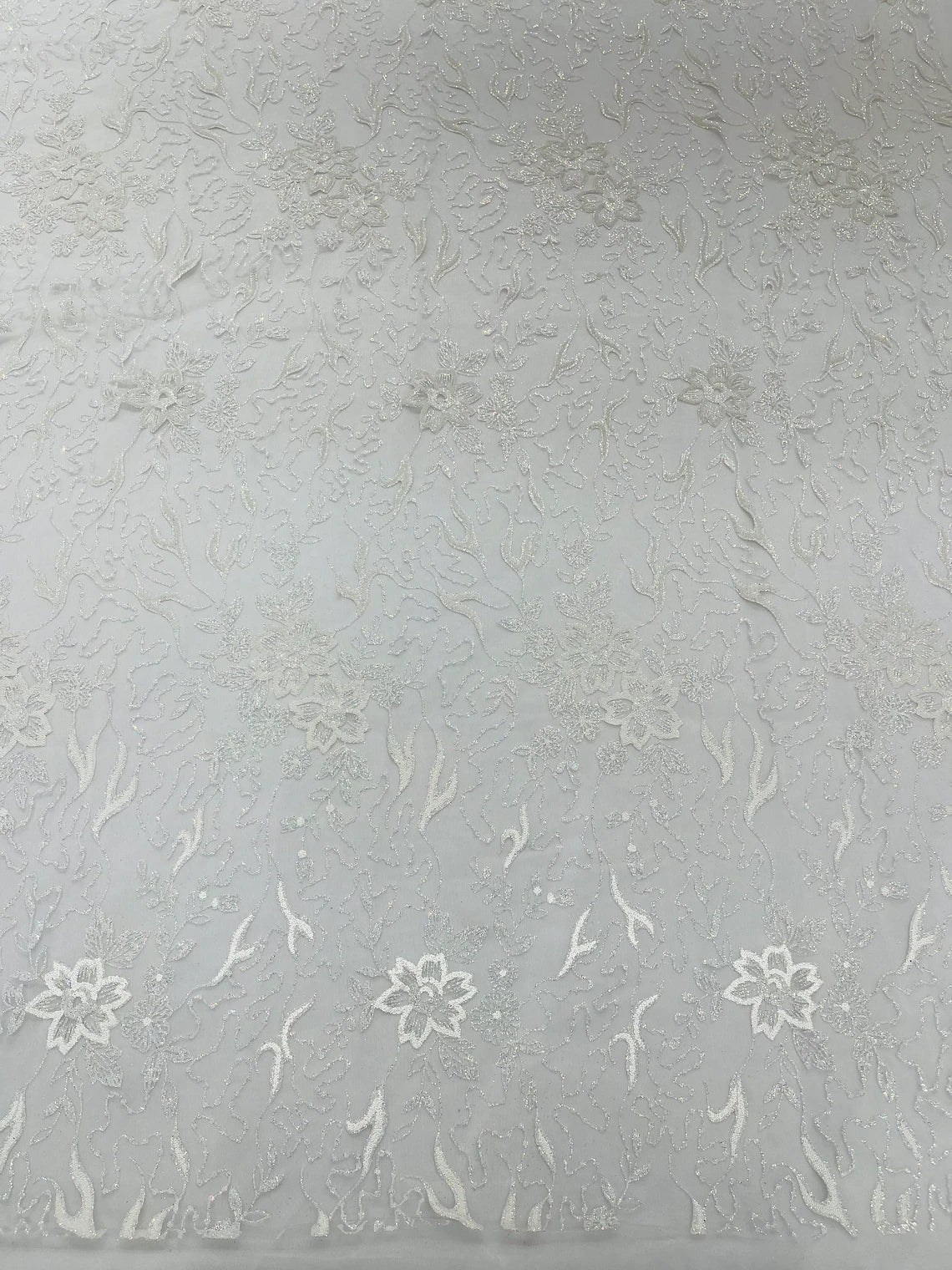 Flower Glitter Fabric - White - 3D Floral Tulle Fabric for Wedding, Quinceañera By Yard