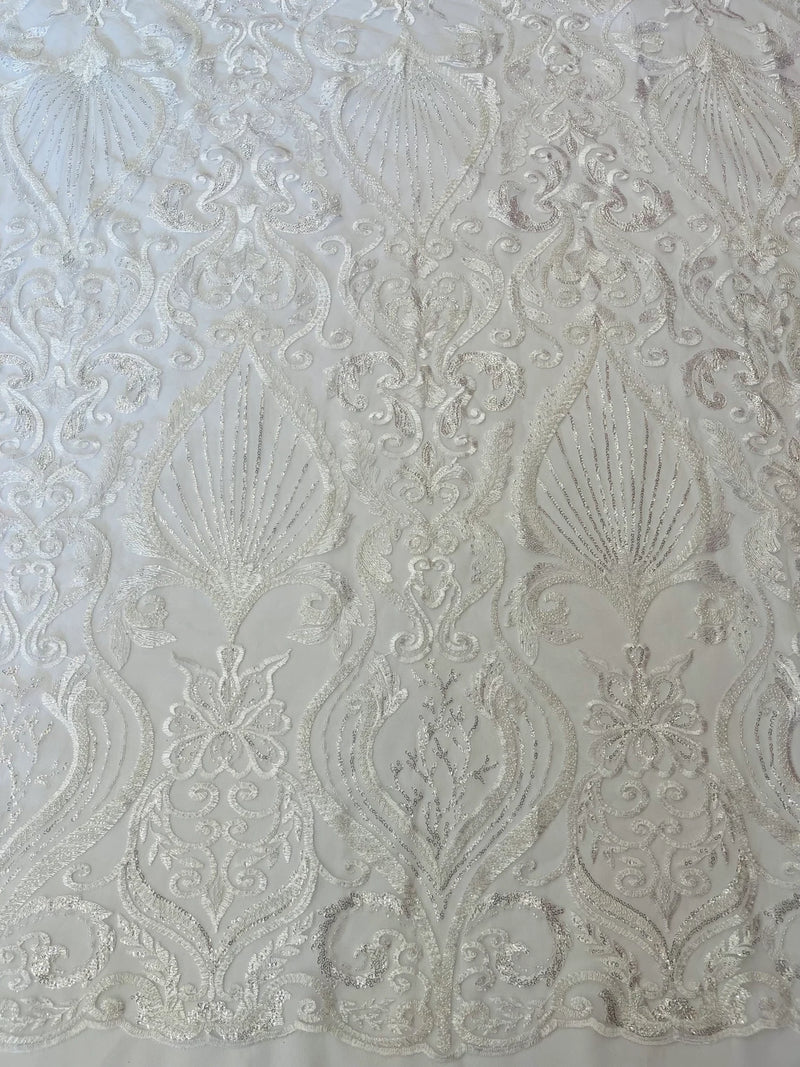 Damask Leaf Bead Fabric - White - Heavy Beaded Embroidered Sequins Lace Fabric by Yard