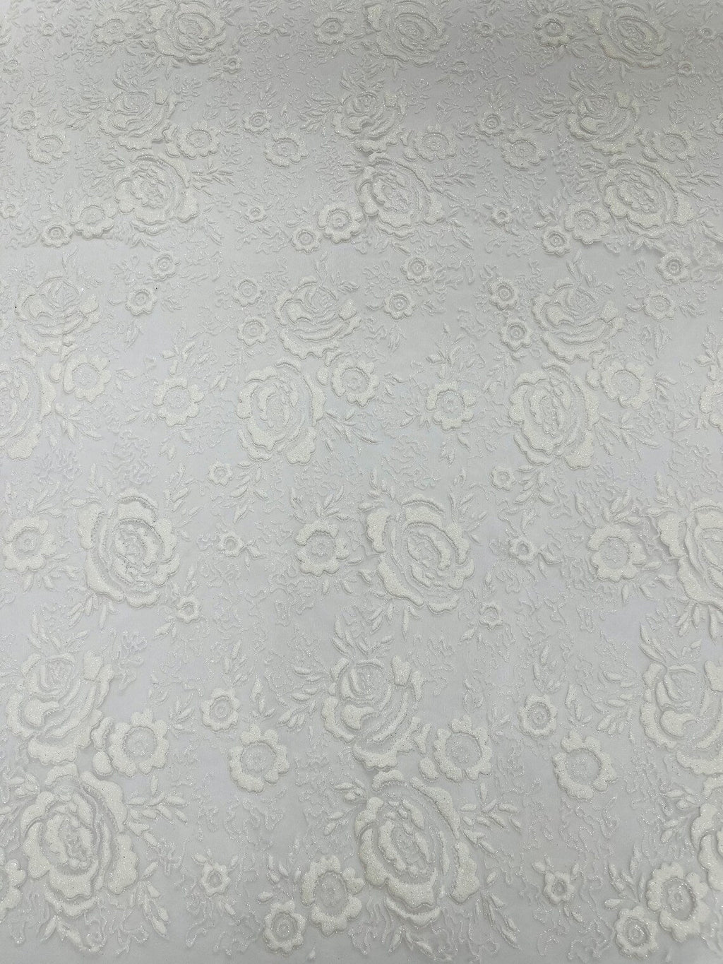 3D Rose Chunky Glitter Fabric - White - Rose Floral Design Glitter on Tulle Fabric Sold by Yard