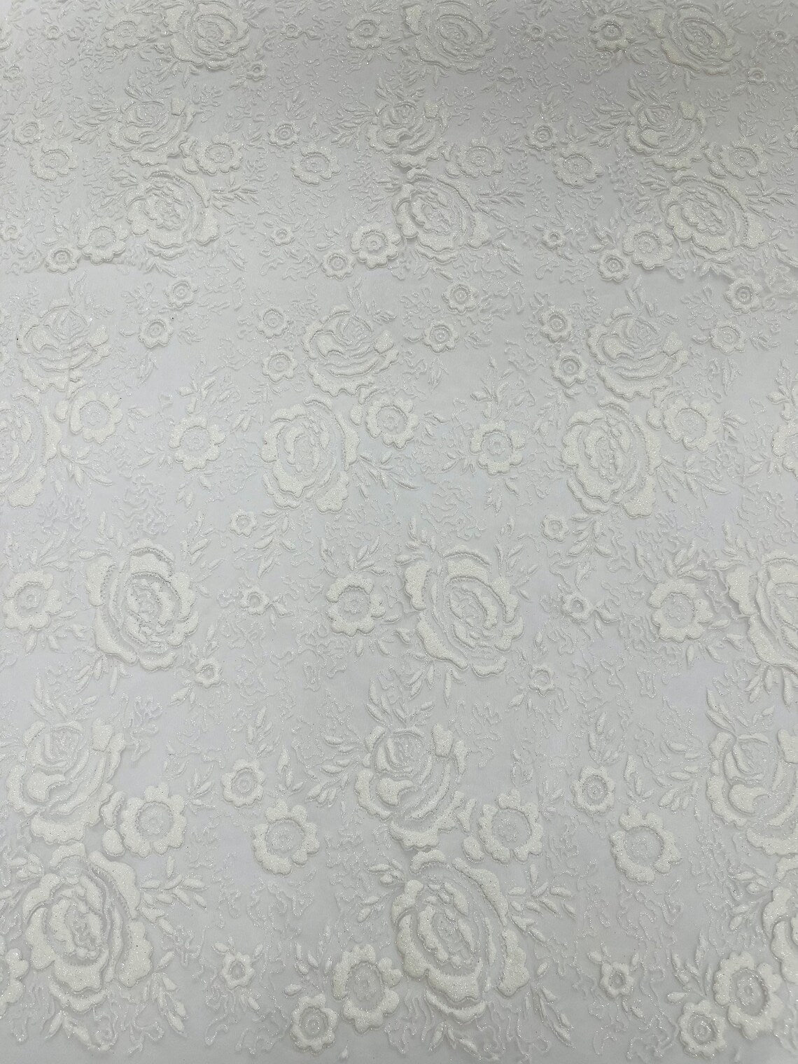 3D Rose Chunky Glitter Fabric - White - Rose Floral Design Glitter on Tulle Fabric Sold by Yard