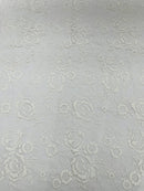 3D Rose Chunky Glitter Fabric - White - Rose Floral Design Glitter on Tulle Fabric Sold by Yard