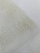Rose Glitter Fabric - White - 3D Glitter Rose Tulle Fabric for Wedding, Quinceañera By Yard