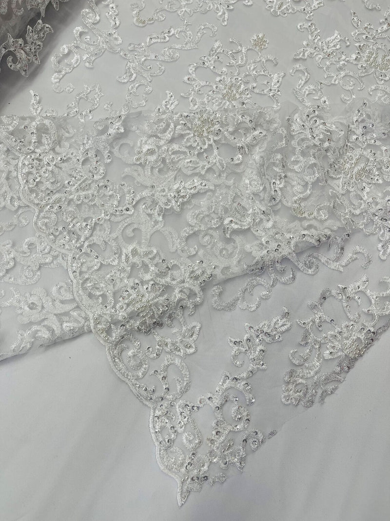 Floral Leaf Bead Sequins Fabric - White - Leaf Nature Beaded Sequins Lace Fabric by the yard