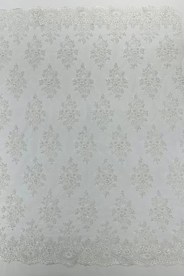 Floral Pearl Bead Fabric - White - Flower Design with Beads and Sequins Fabric Sold By Yard