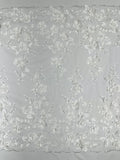 3D Floral Pearl Fabric - White - Embroidered Floral Pearl Fabric Double Border On Mesh By Yard