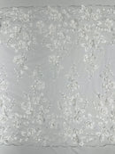 3D Floral Pearl Fabric - White - Embroidered Floral Pearl Fabric Double Border On Mesh By Yard