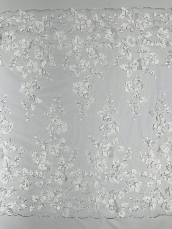 3D Floral Pearl Fabric - White - Embroidered Floral Pearl Fabric Double Border On Mesh By Yard