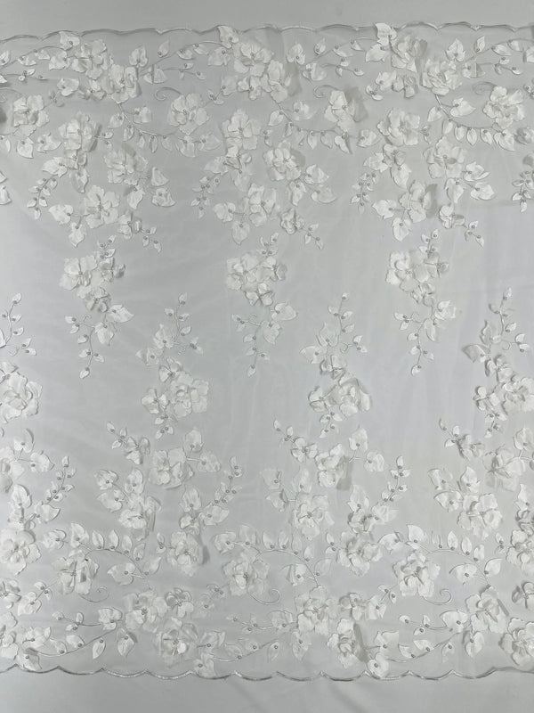 3D Floral Pearl Fabric - White - Embroidered Floral Pearl Fabric Double Border On Mesh By Yard