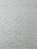 Small Flower Sequins Lace Fabric - White - Embroidered Floral Pattern Fabric with Sequins on Lace By Yard