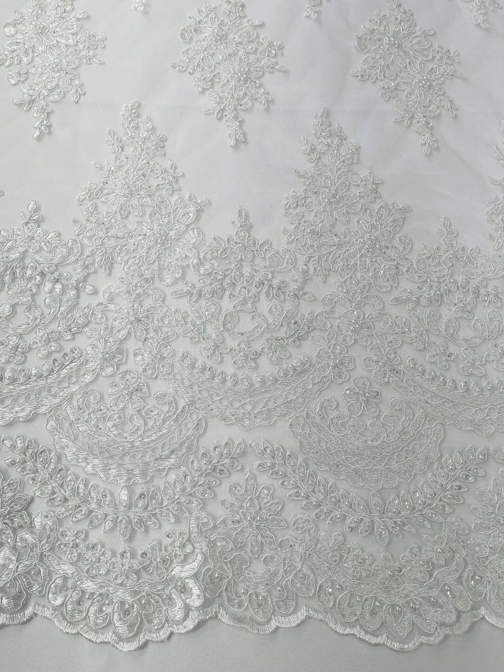 Beaded Flower Cluster Fabric - White - Embroidered Beaded Fancy Border Floral Fabric Sold By Yard