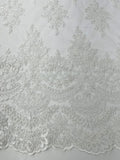 Beaded Flower Cluster Fabric - White - Embroidered Beaded Fancy Border Floral Fabric Sold By Yard