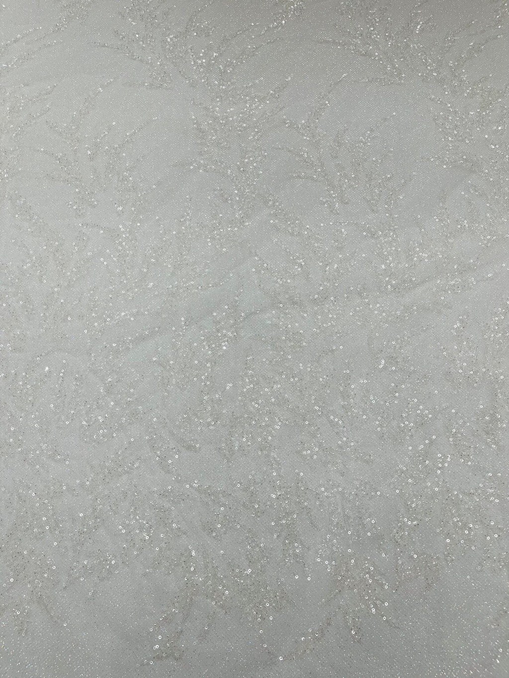 Leaf Plant Glitter Design Fabric - White - Beaded Embroidered Leaves Design on Mesh By Yard