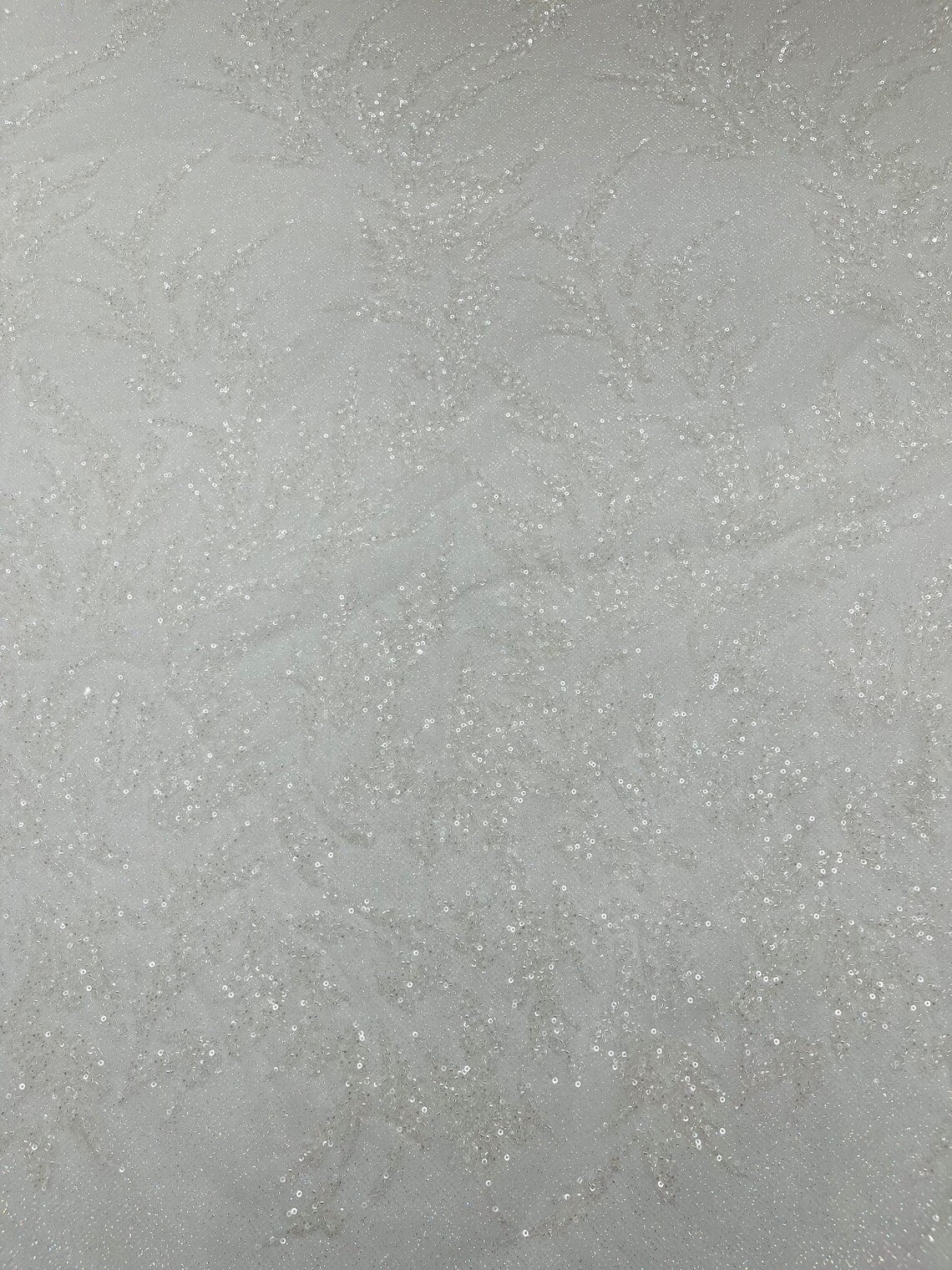 Leaf Plant Glitter Design Fabric - White - Beaded Embroidered Leaves Design on Mesh By Yard