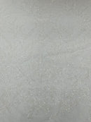 Leaf Plant Glitter Design Fabric - White - Beaded Embroidered Leaves Design on Mesh By Yard