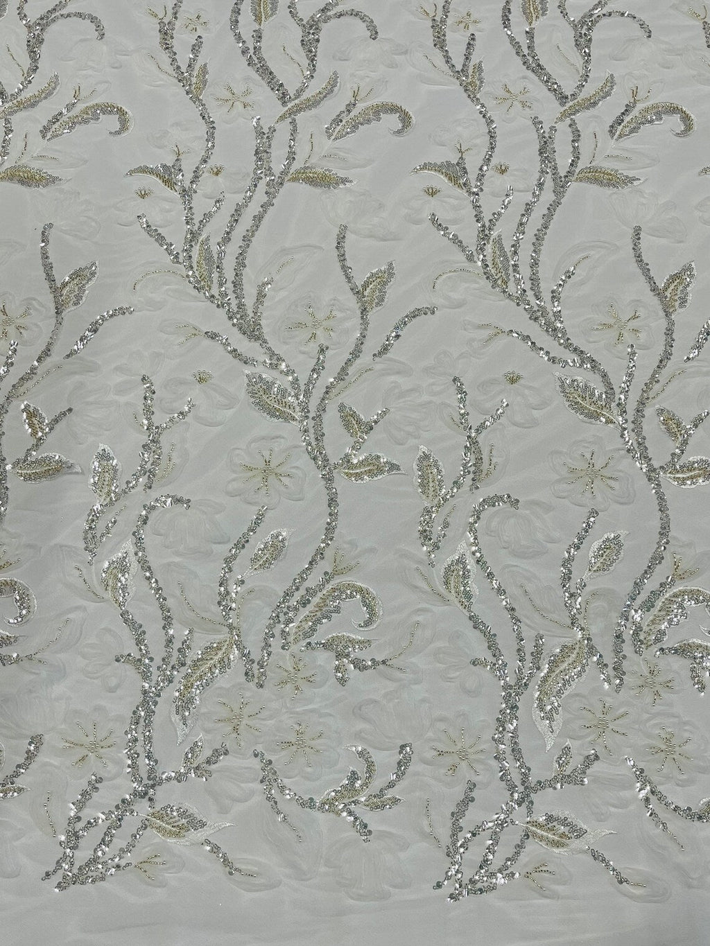 3D Tulle Flower Bead Fabric - White - Mesh Flower Plant Design with Beads By Yard