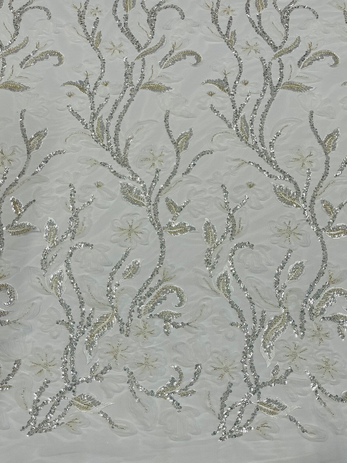 3D Tulle Flower Bead Fabric - White - Mesh Flower Plant Design with Beads By Yard
