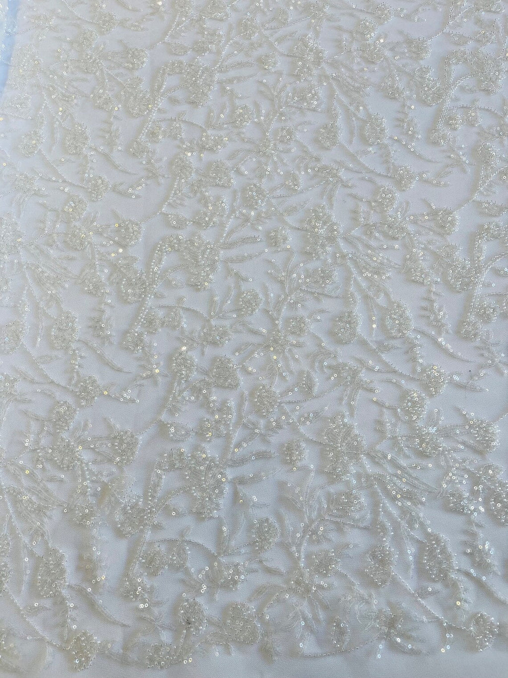 Beaded Floral Plant Design - White - Embroidered Beaded Flower Plants Sequins Fabric By Yard