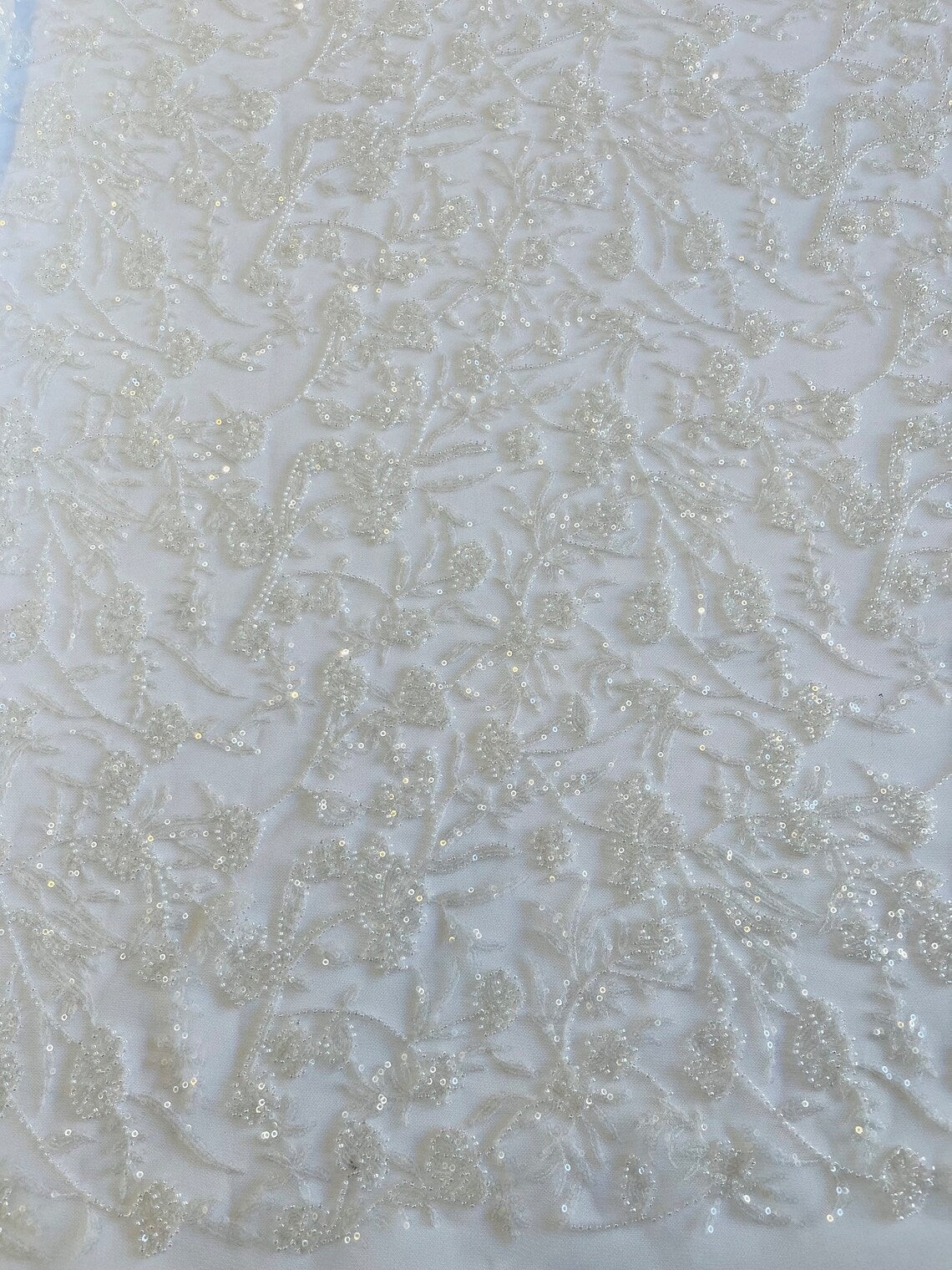 Beaded Floral Plant Design - White - Embroidered Beaded Flower Plants Sequins Fabric By Yard