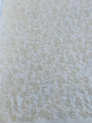 Beaded Floral Plant Design - White - Embroidered Beaded Flower Plants Sequins Fabric By Yard