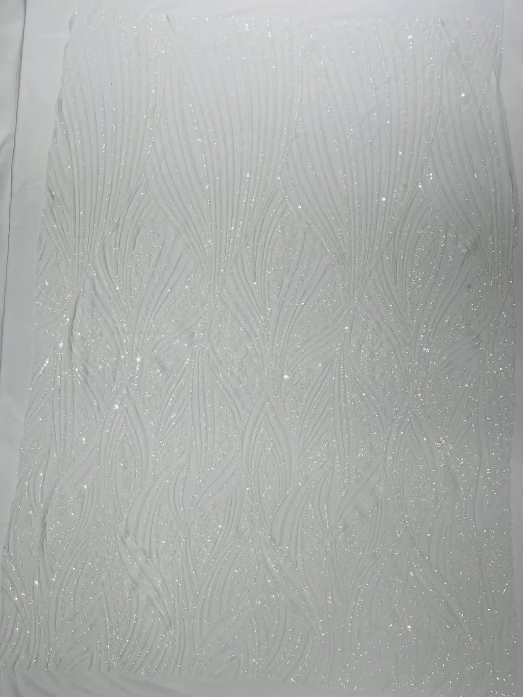 Curvy Line Design Fabric - White - 4 Way Stretch Sequins Design Mesh Lace Fabric by Yard