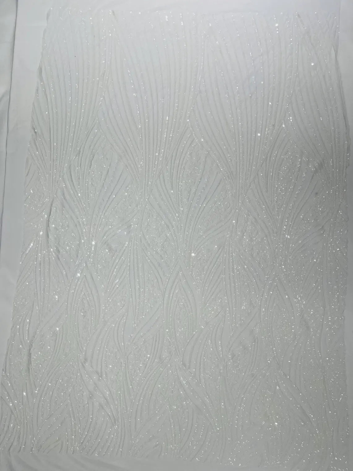 Curvy Line Design Fabric - White - 4 Way Stretch Sequins Design Mesh Lace Fabric by Yard