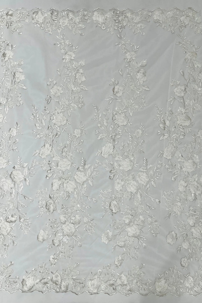 Sequins Lace Rose Design - White - Embroidered Rose Plant Design on Lace Fabric Sold By Yard