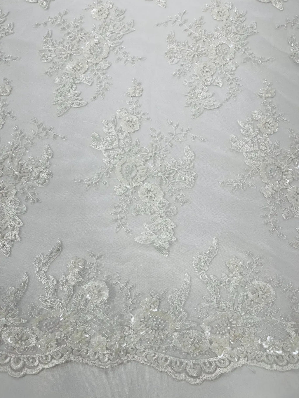 Floral Leaf Beaded Fabric - White - Embroidered Flower Leaf Design Beaded Fabric By Yard