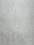 Floral Leaf Beaded Fabric - White - Embroidered Flower Leaf Design Beaded Fabric By Yard