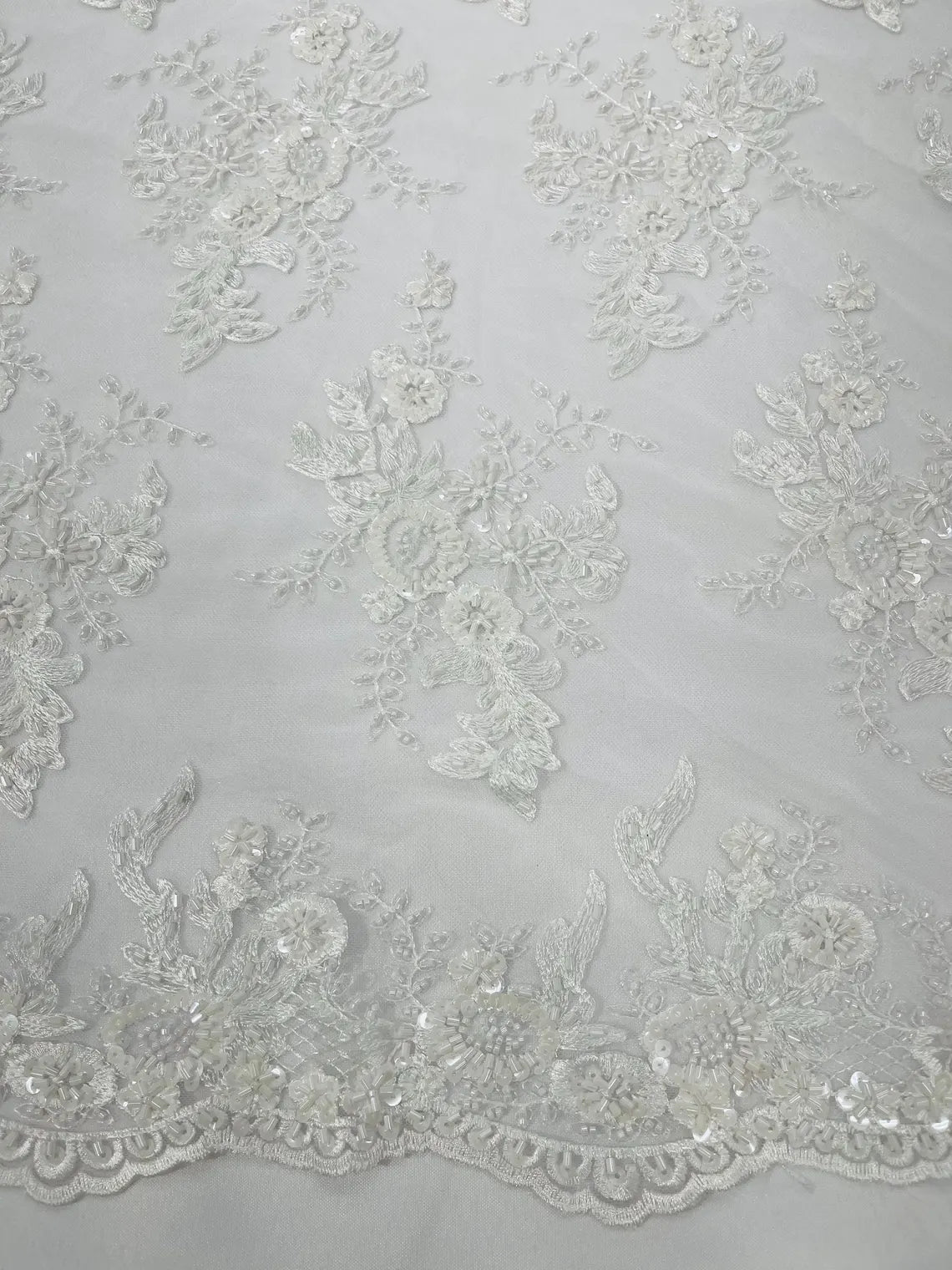 Floral Leaf Beaded Fabric - White - Embroidered Flower Leaf Design Beaded Fabric By Yard