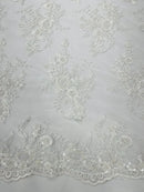 Floral Leaf Beaded Fabric - White - Embroidered Flower Leaf Design Beaded Fabric By Yard