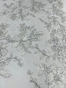 Two Tone Lace Floral Fabric - White - Embroidered Flower Designs with Sequins on Lace Fabric Sold By Yard