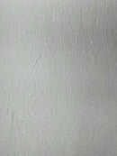 Wavy Leaf Sequins Fabric - White - Wavy Lines and Leaves Design on Lace Mesh Fabric by Yard