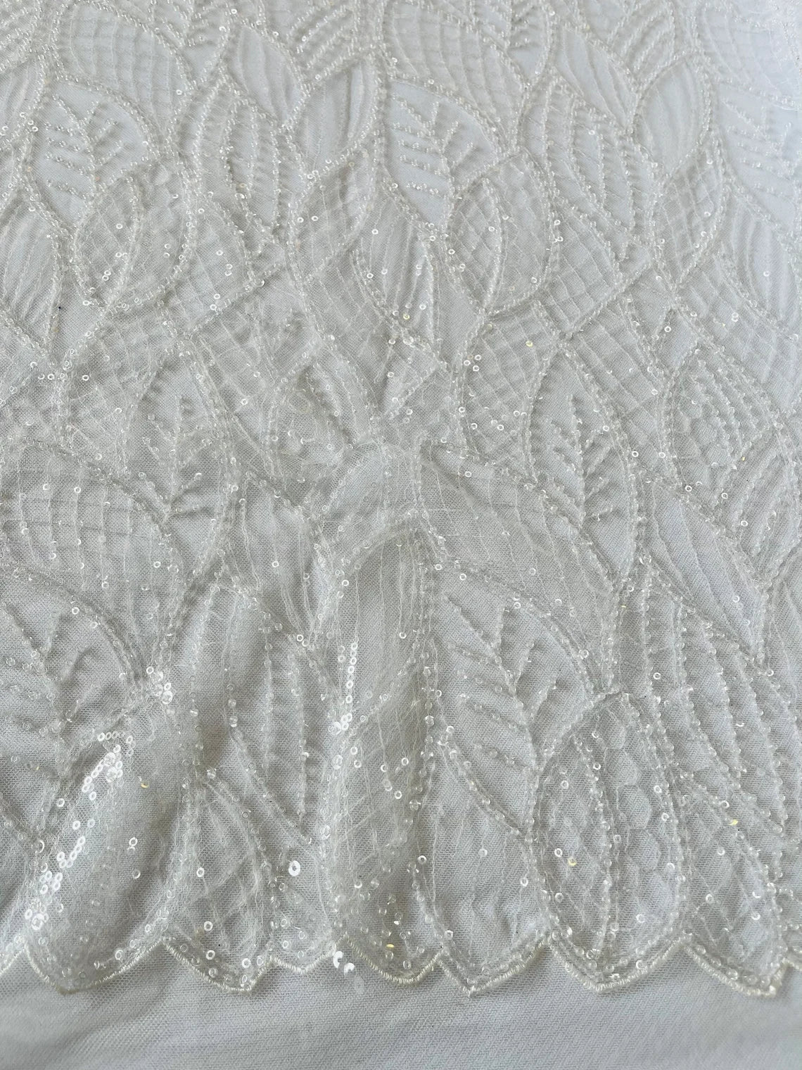 Beaded Leaf Designs Fabric - White - Embroidered Beads in Leaves Pattern Sold By Yard