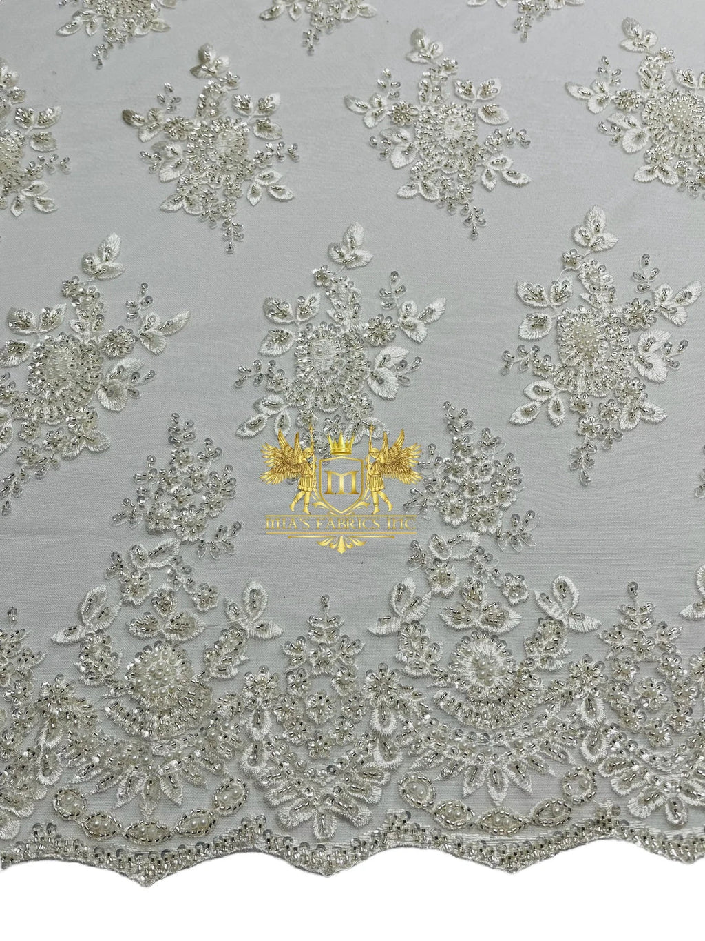 Floral Beaded Fabric - White - Embroidered Beaded Flowers Cluster Design on a Mesh Sold By Yard