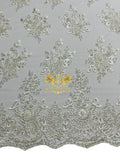 Floral Beaded Fabric - White - Embroidered Beaded Flowers Cluster Design on a Mesh Sold By Yard