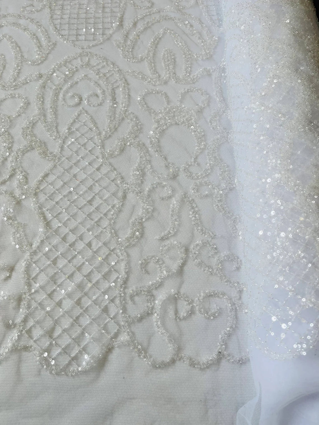 Beaded Fashion Design Fabric - White - Beaded Embroidered Damask Style Fabric on Mesh By Yard