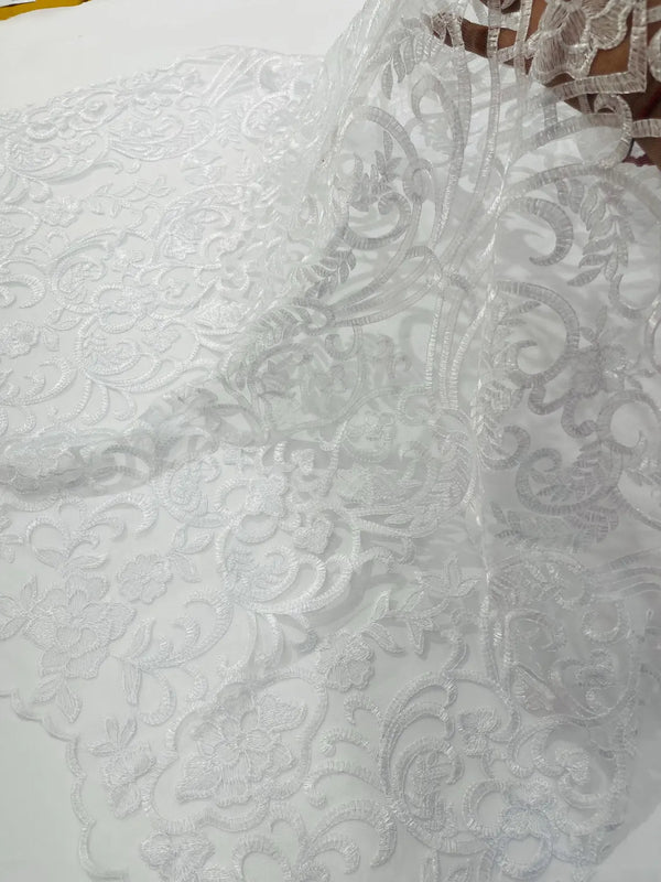 Fancy Damask Lace Fabric - White - Embroidered Damask Design Mesh on Lace Fabric by Yard