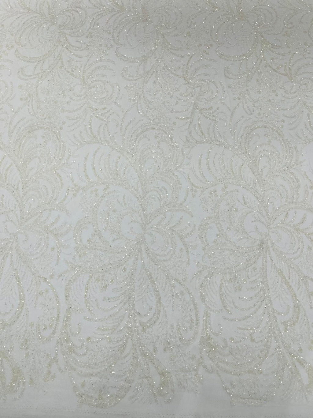 Glitter Palm Leaf Design Fabric - White - Tulle Mesh Glitter Leaf Design Fabric Sold By Yard