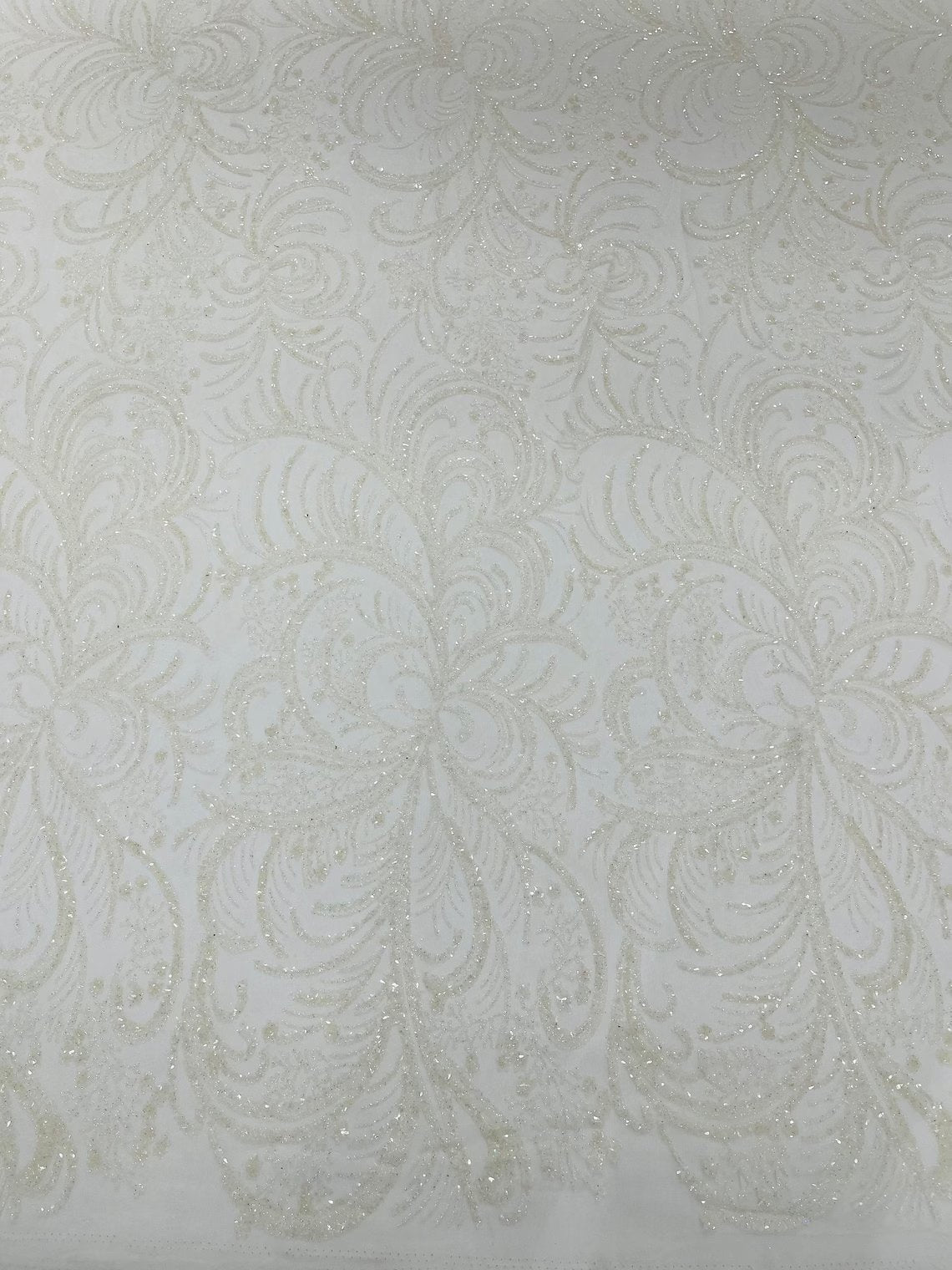 Glitter Palm Leaf Design Fabric - White - Tulle Mesh Glitter Leaf Design Fabric Sold By Yard