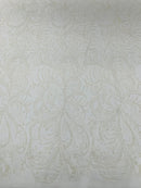 Glitter Palm Leaf Design Fabric - White - Tulle Mesh Glitter Leaf Design Fabric Sold By Yard