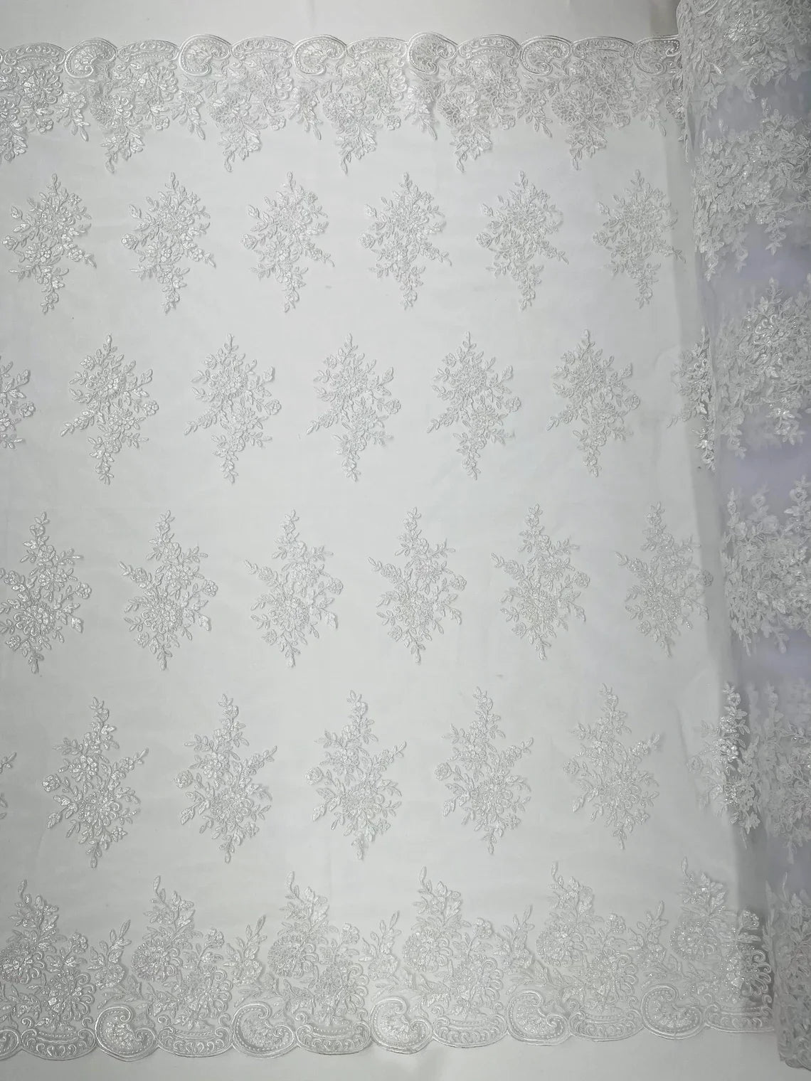 Floral Lace Flower Fabric - White - Floral Embroidered Fabric with Sequins on Lace By Yard