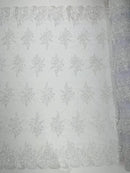 Floral Lace Flower Fabric - White - Floral Embroidered Fabric with Sequins on Lace By Yard