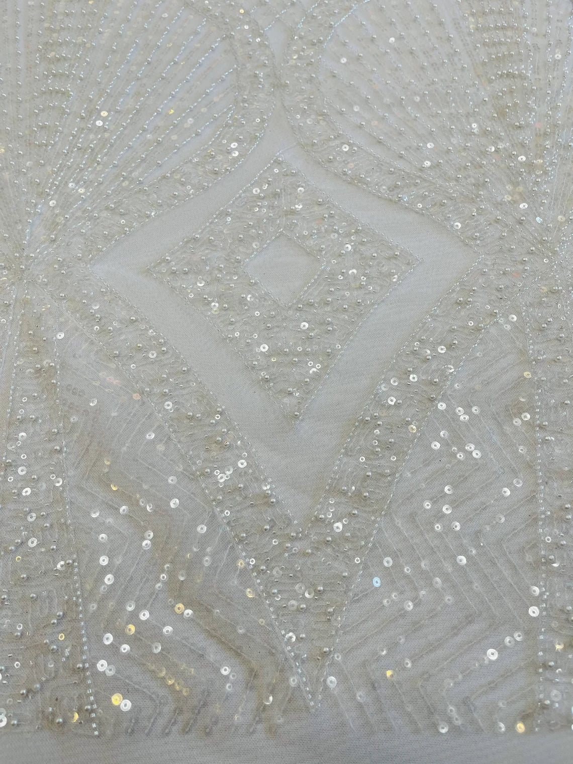 Beaded Diamond Design Fabric - White - Beaded Embroidered Diamond Zig Zag Design on Mesh By Yard