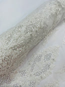 Heavy Bead Floral Fabric - White - Beaded Flower Design Fabric Fancy Border By Yard