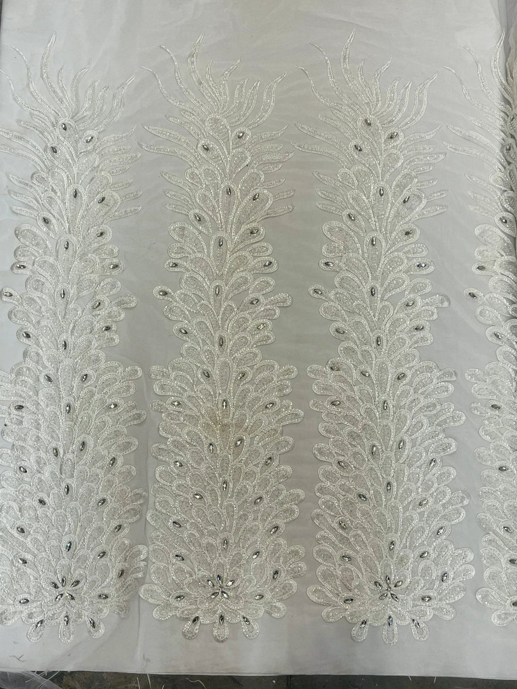 3D Beaded Peacock Feathers - White - Vegas Design Embroidered Sequins and Beads On a Mesh Lace Fabric (Choose The Panels)