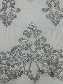King Damask Design Fabric - White - Embroidered Corded Mesh Lace Fabric with Sequins By Yard
