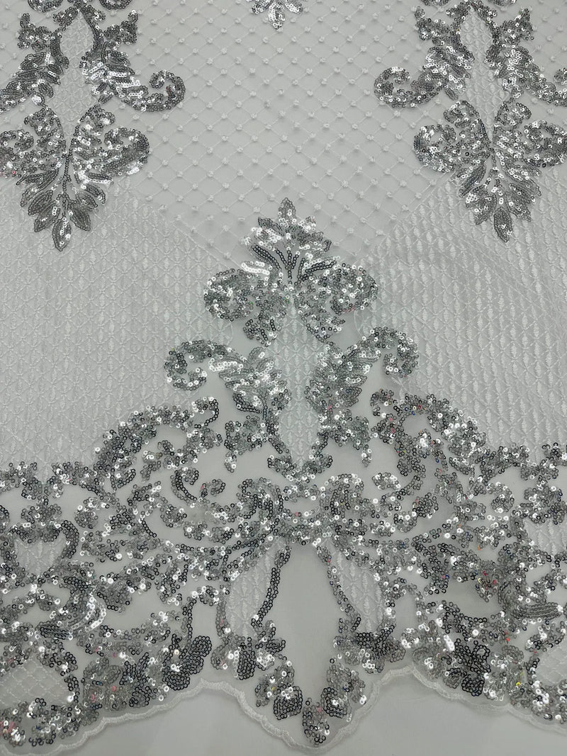 King Damask Design Fabric - White - Embroidered Corded Mesh Lace Fabric with Sequins By Yard