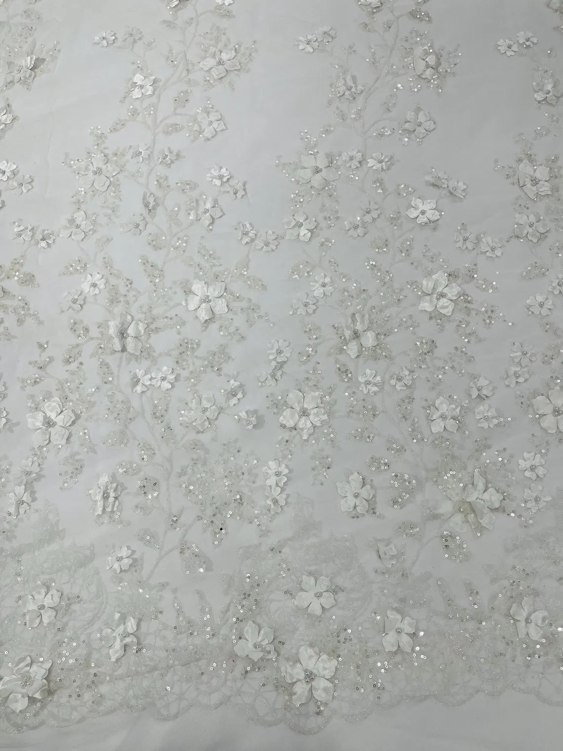 3D Flower Glitter Fabric - White - Floral Glitter Sequin Design on Lace Mesh Fabric by Yard