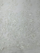 3D Flower Glitter Fabric - White - Floral Glitter Sequin Design on Lace Mesh Fabric by Yard