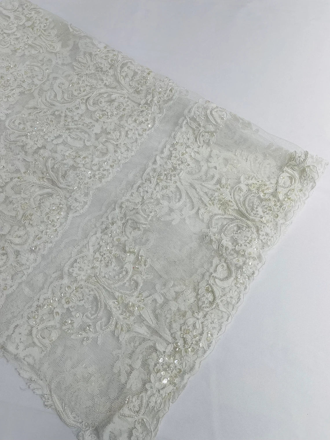 Beaded My Lady Damask Design - White - Beaded Fancy Damask Embroidered Fabric By Yard